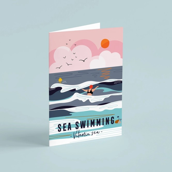 A cheerful sea swimmer dives into the waves on this eco-friendly Onneke card – perfect for gifting to open water and cold water swimmers.