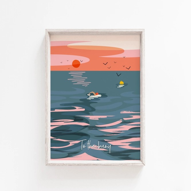 Onneke’s A4 “To the Buoy” print is a perfect gift for wild swimmers – vibrant, ocean-inspired artwork made with care in the UK.