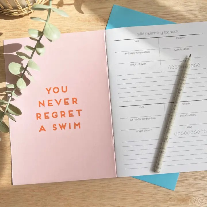 Eco-friendly wild swimming journal by Onneke – “Into the Sea” cover design with detailed pages to document your swim adventures.