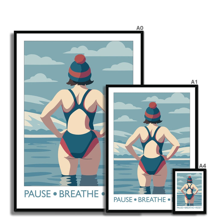 Pause Breathe Reset framed wild swimming art print shown in multiple sizes with black frame