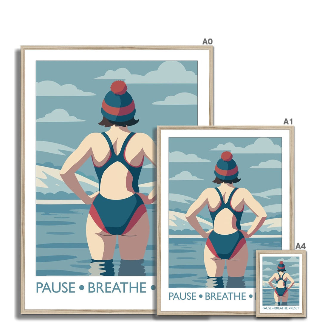 Pause Breathe Reset framed wild swimming art print shown in multiple sizes with natural frame