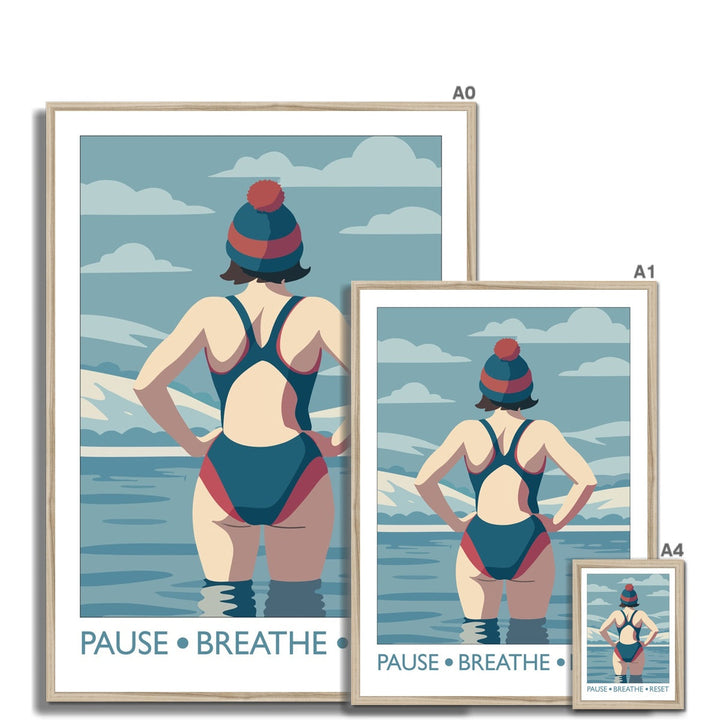 Pause Breathe Reset framed wild swimming art print shown in multiple sizes with natural frame
