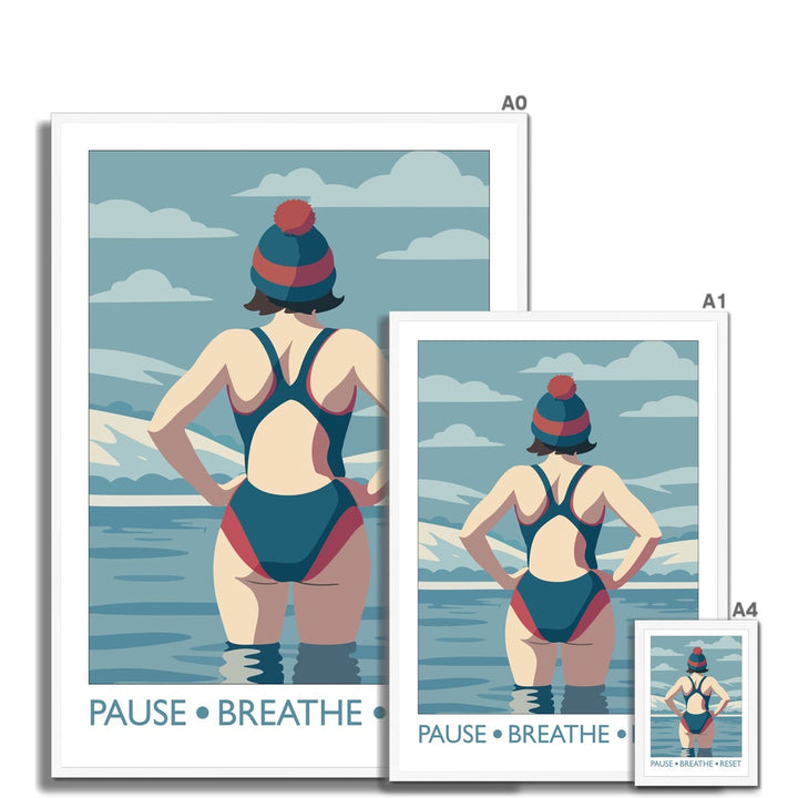 Pause Breathe Reset framed wild swimming art print shown in multiple sizes with white frame