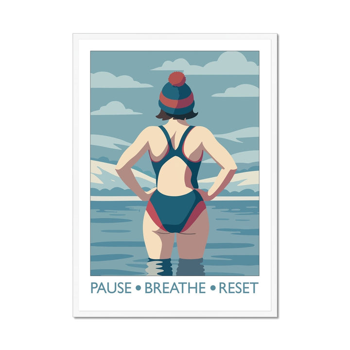 Framed wild swimming art print in white frame showing swimmer standing in open water titled Pause Breathe Reset