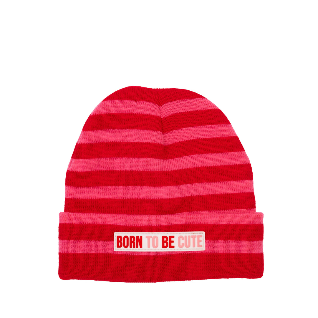 A red and pink striped knit beanie hat with a white rectangular patch on the cuff that reads &