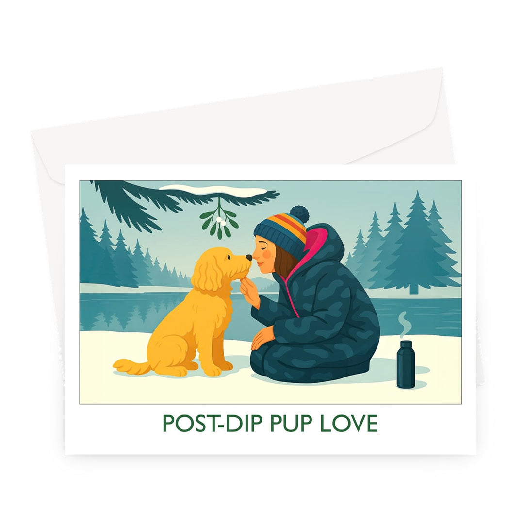 Post-Dip Pup Love wild swimming Christmas card showing a swimmer in a changing robe sitting under mistletoe with her golden dog beside a winter lake.