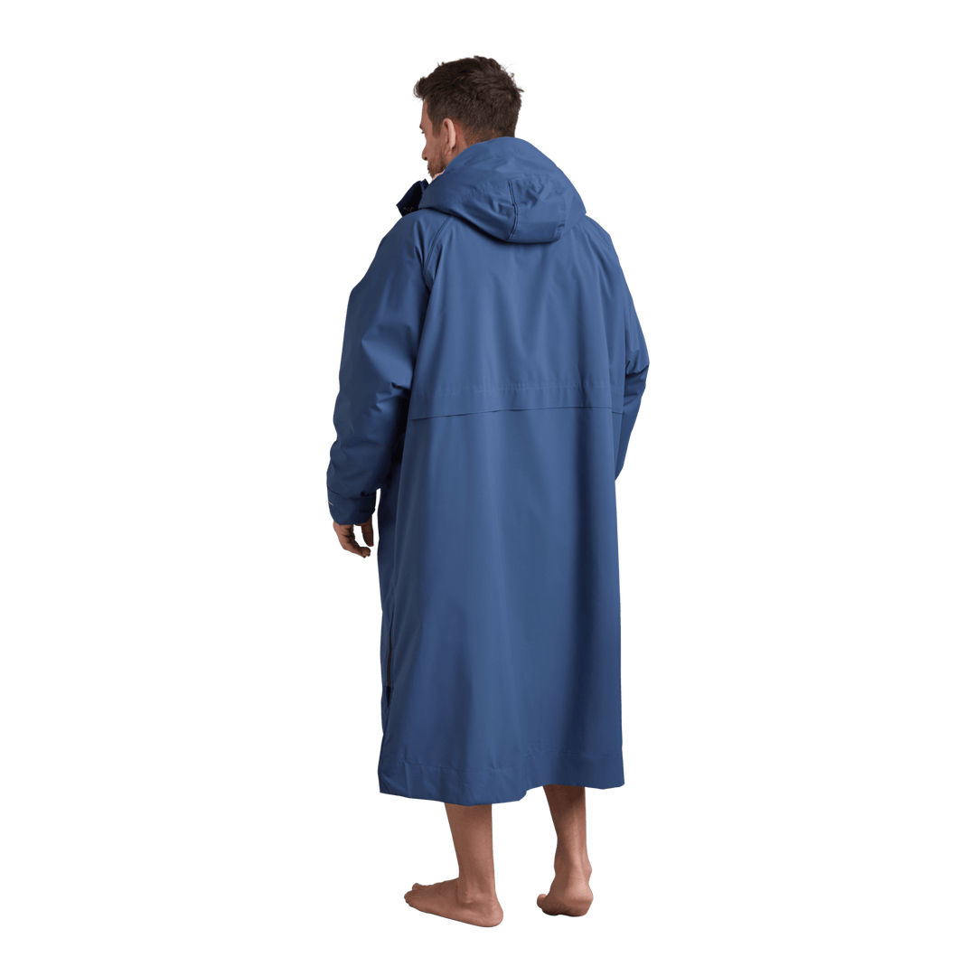 Back view of Red Alter Evo men’s long sleeve waterproof changing robe in Admiral Blue.