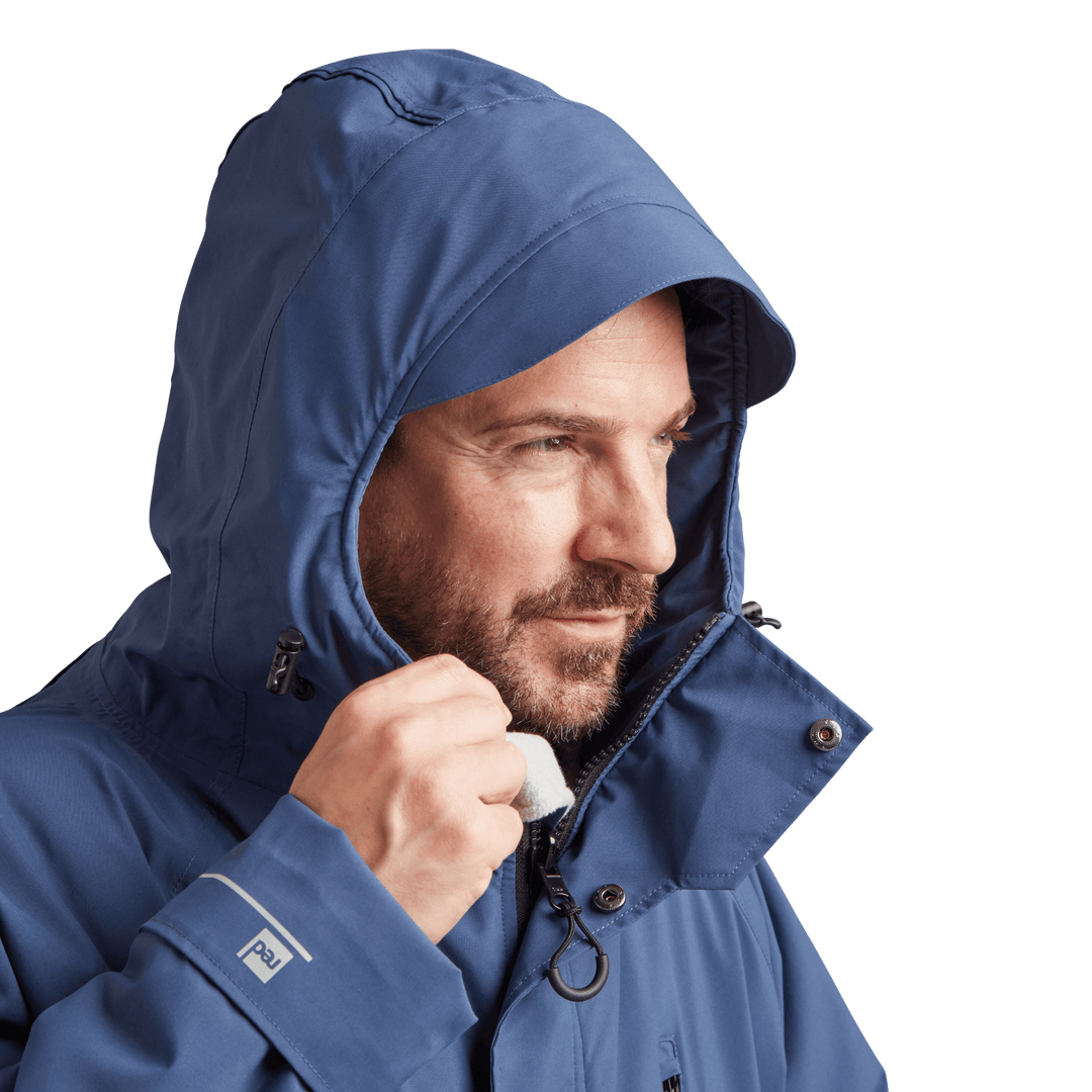Peaked hood on Red Alter Evo men’s long sleeve waterproof changing robe in Admiral Blue.