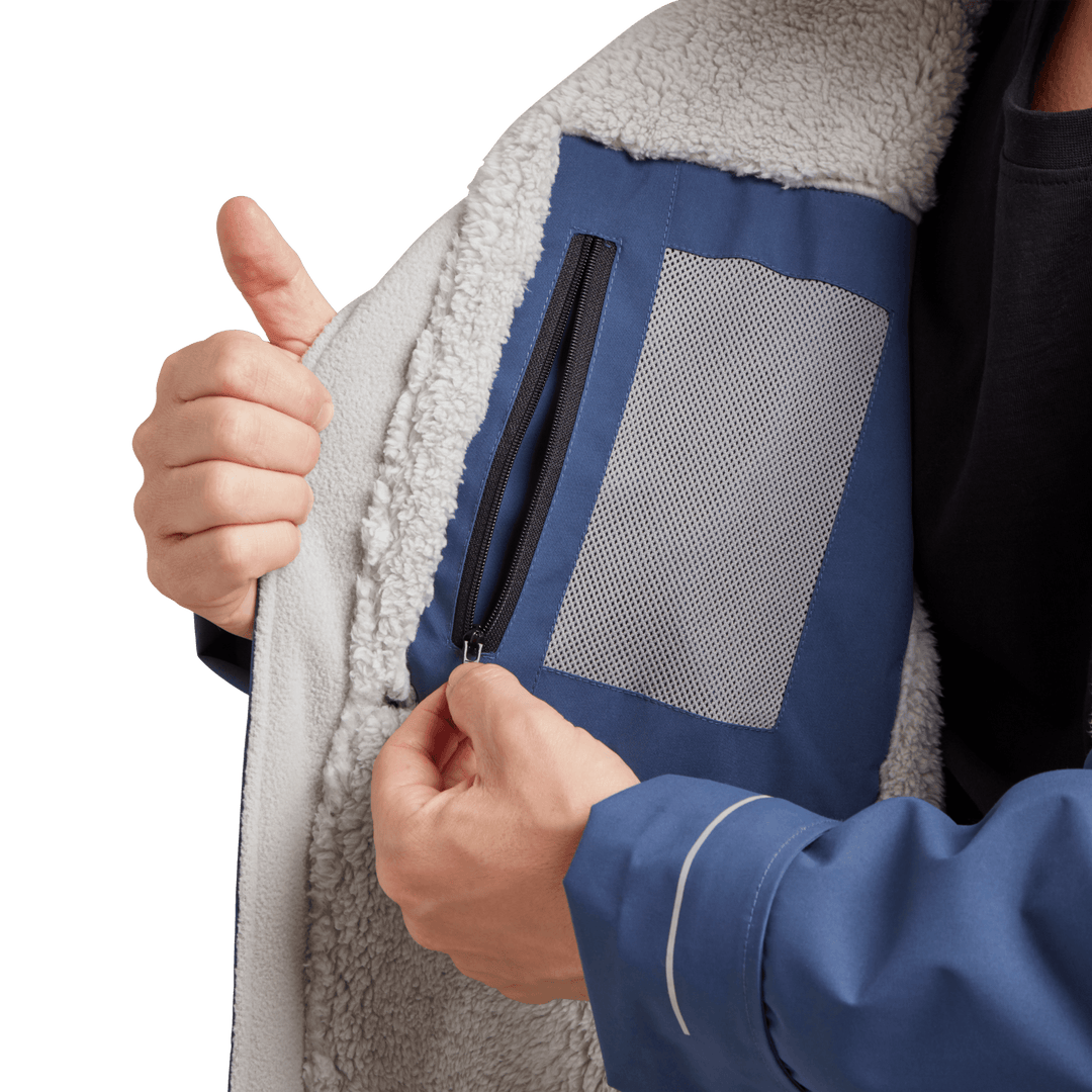 Red Alter Evo men’s long sleeve waterproof changing robe in Admiral Blue with inside zipped pocket.