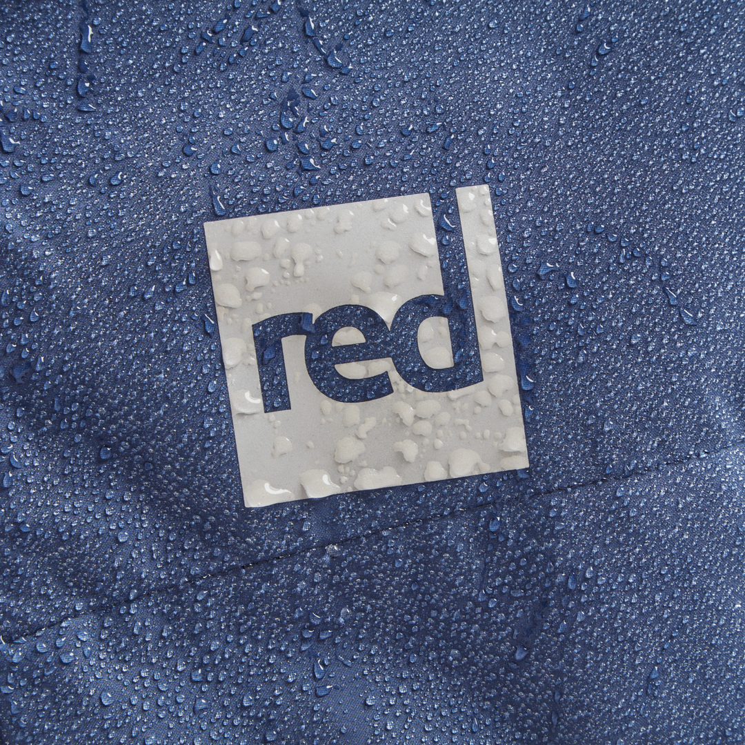 Red Equipment logo detail on Alter Evo men’s long sleeve waterproof changing robe in Admiral Blue.