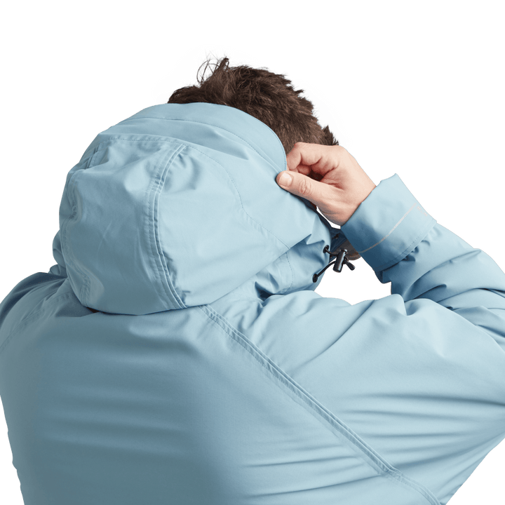Back view of peaked hood on Red Alter Evo men’s long sleeve waterproof changing robe in Alpine Blue.