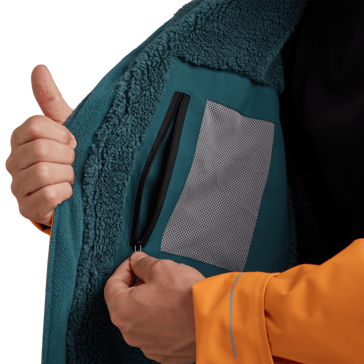 Red Alter Evo men’s long sleeve waterproof changing robe in Bitter Orange with inside zipped pocket.