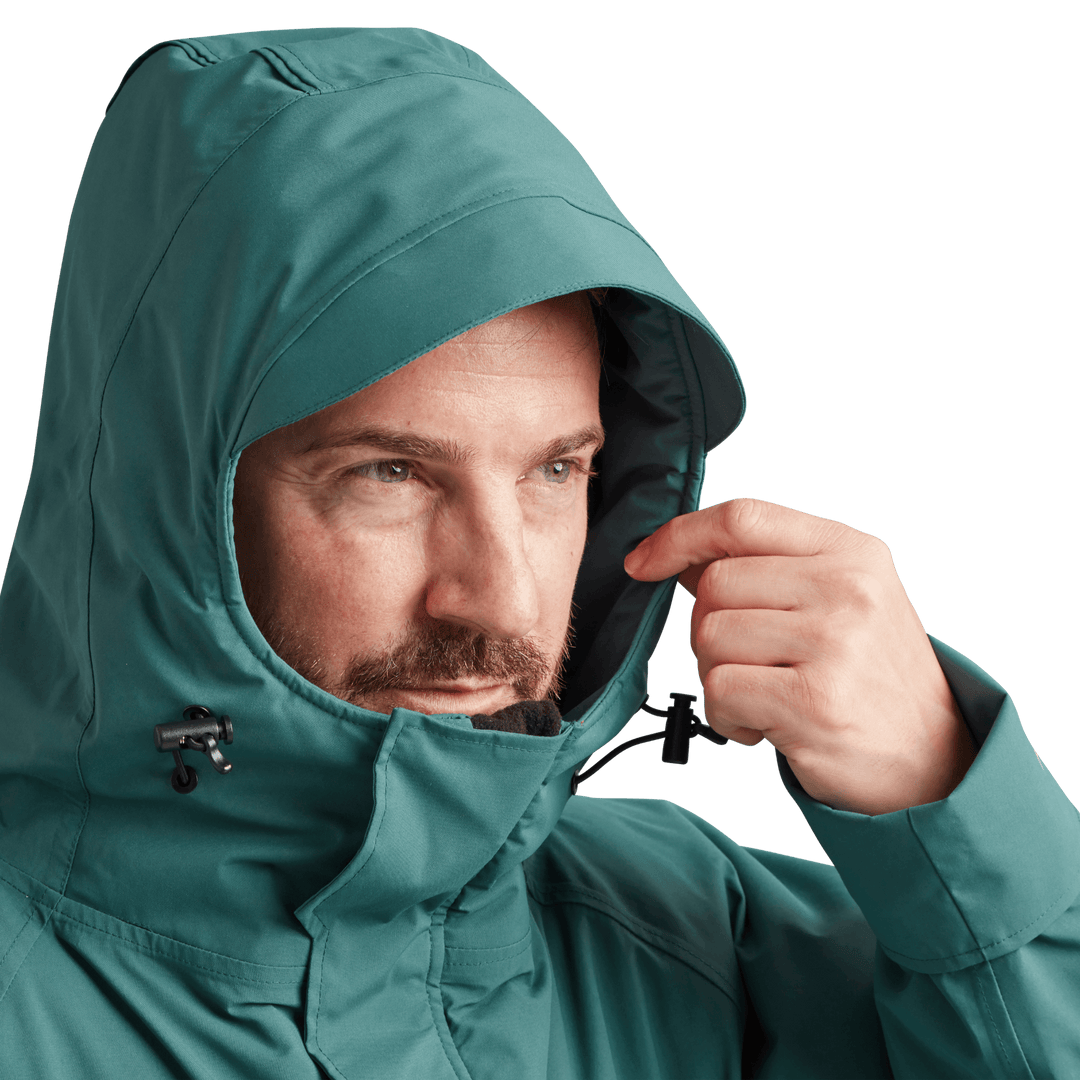 Peaked hood on Red Alter Evo men’s long sleeve waterproof changing robe in Deep Teal.