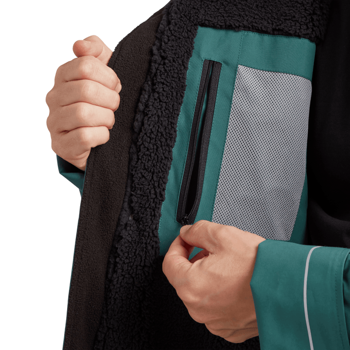 Red Alter Evo men’s long sleeve waterproof changing robe in Deep Teal with inside zipped pocket.