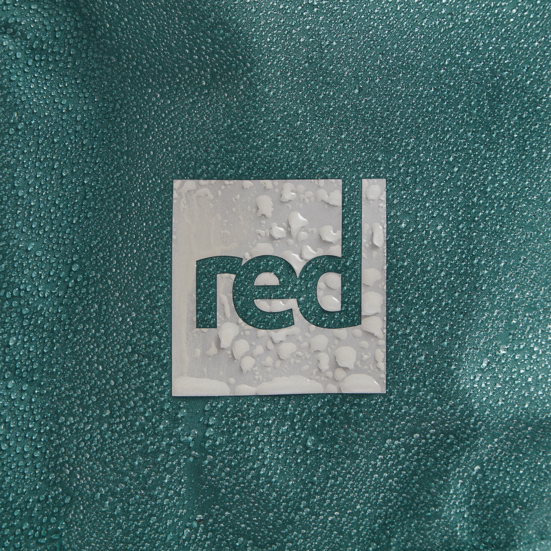 Red Equipment logo detail on Alter Evo men’s long sleeve waterproof changing robe in Deep Teal.