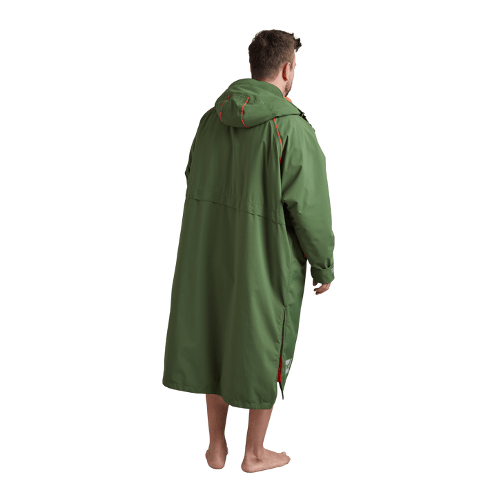 Back view of Red Alter Evo men’s long sleeve waterproof changing robe in Forest Green.
