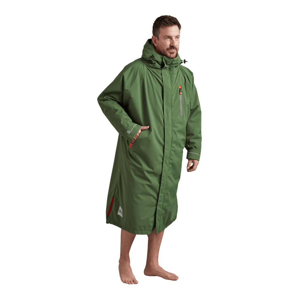 Front view of Red Alter Evo men’s long sleeve waterproof changing robe in Forest Green.