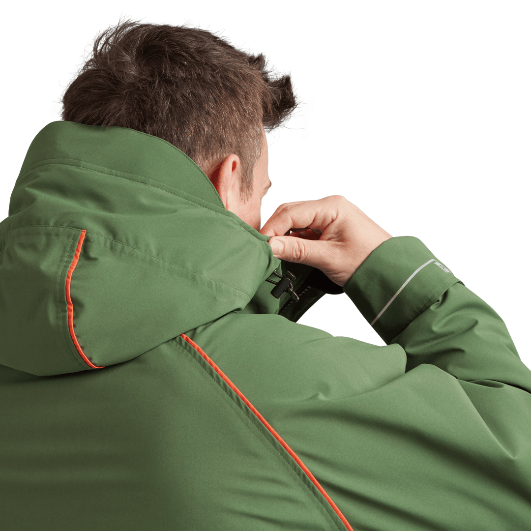 Back view of peaked hood on Red Alter Evo men’s long sleeve waterproof changing robe in Forest Green.