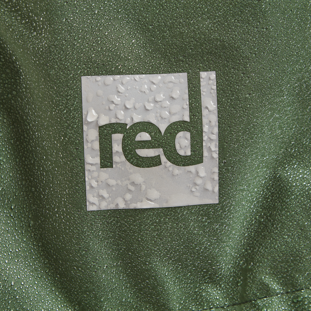 Red Equipment logo detail on Alter Evo men’s long sleeve waterproof changing robe in Forest Green.