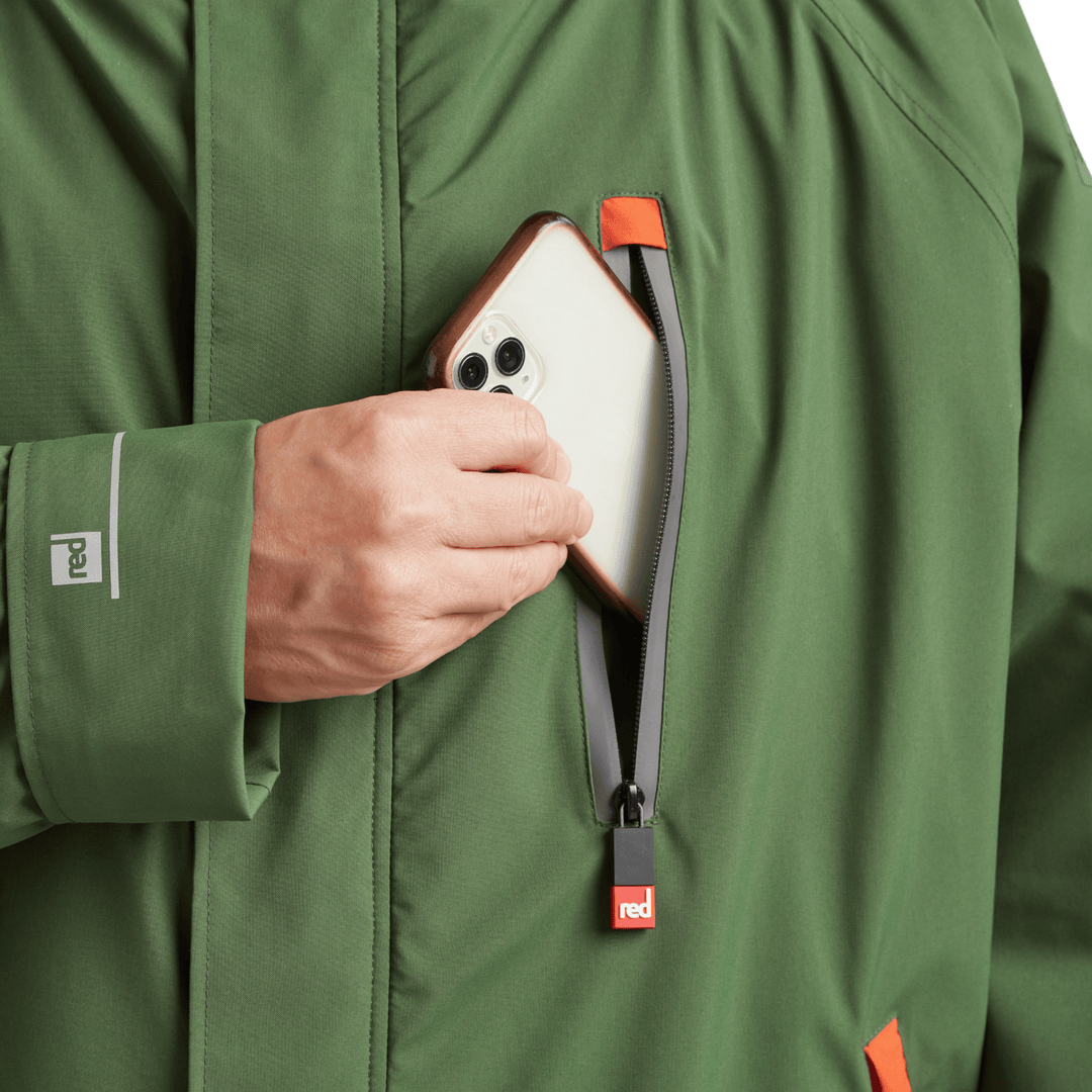 Waterproof chest pocket on Red Alter Evo men’s long sleeve waterproof changing robe in Forest Green, ideal for storing your mobile phone.