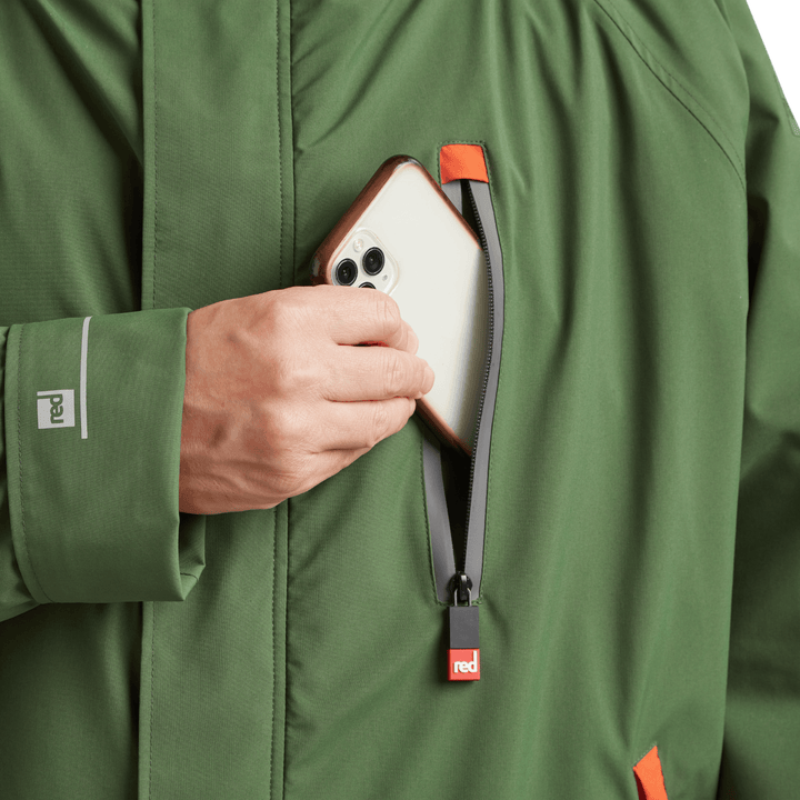Waterproof chest pocket on Red Alter Evo men’s long sleeve waterproof changing robe in Forest Green, ideal for storing your mobile phone.