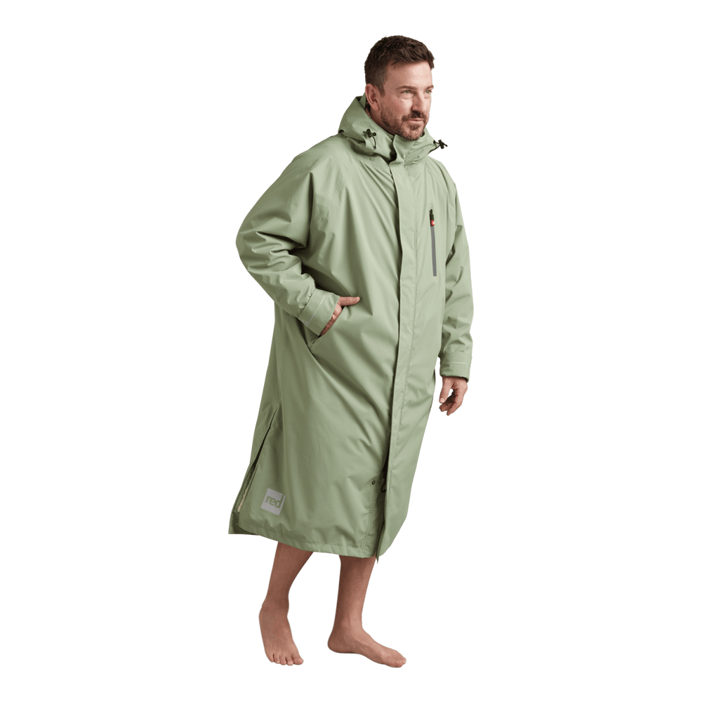 Front view of Red Alter Evo men’s long sleeve waterproof changing robe in Sage Green.