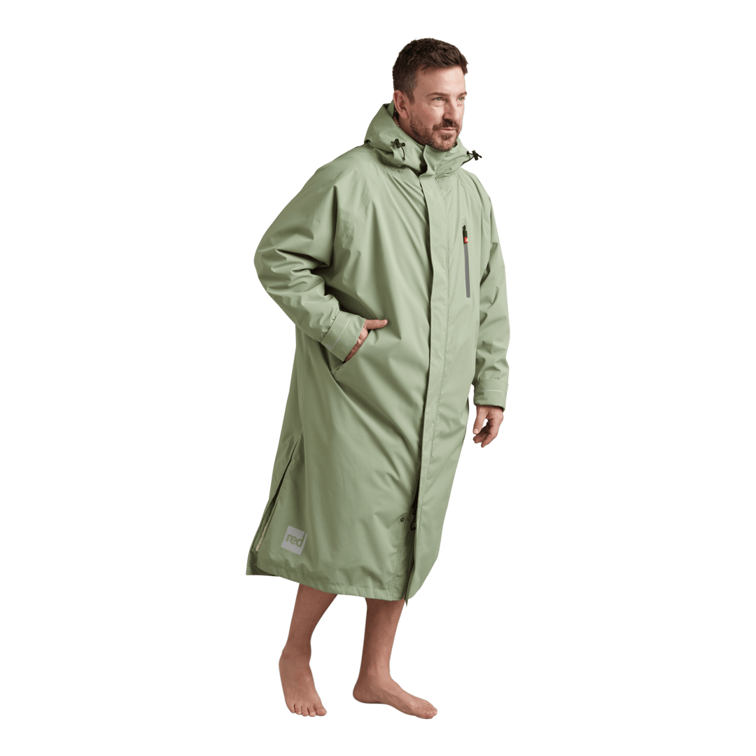 Front view of Red Alter Evo men’s long sleeve waterproof changing robe in Sage Green.