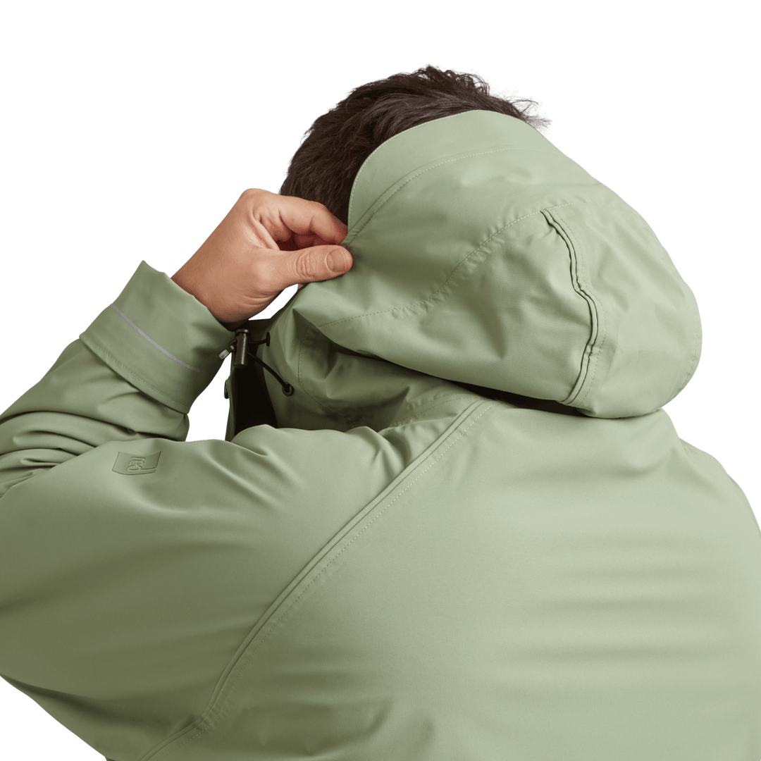 Back view of peaked hood on Red Alter Evo men’s long sleeve waterproof changing robe in Sage Green.