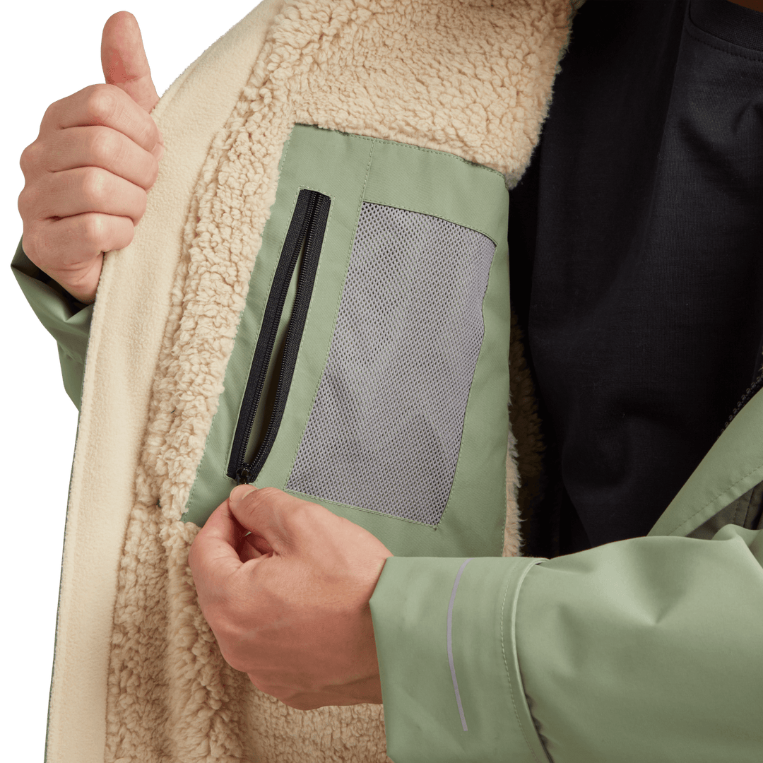 Red Alter Evo men’s long sleeve waterproof changing robe in Sage Green with inside zipped pocket.
