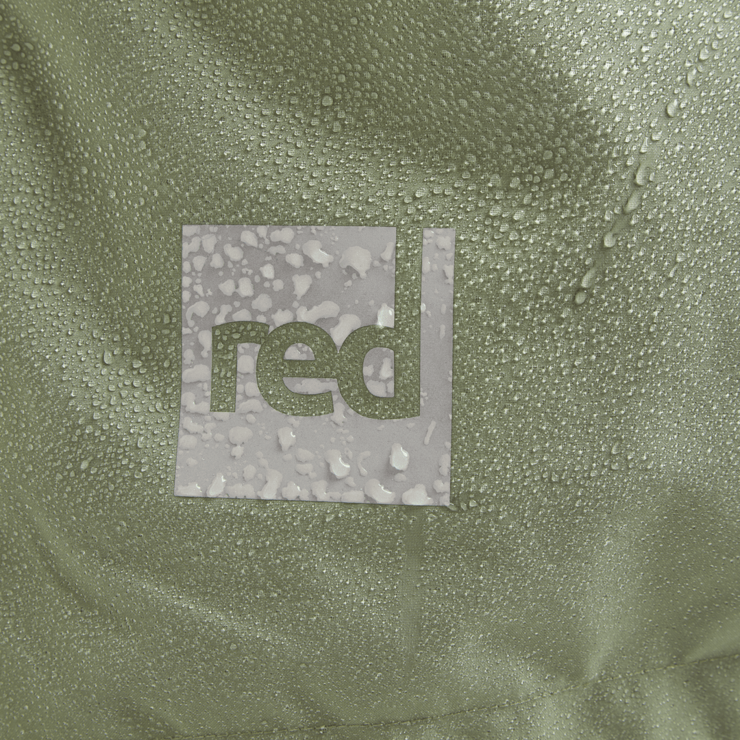 Red Equipment logo detail on Alter Evo men’s long sleeve waterproof changing robe in Sage Green.