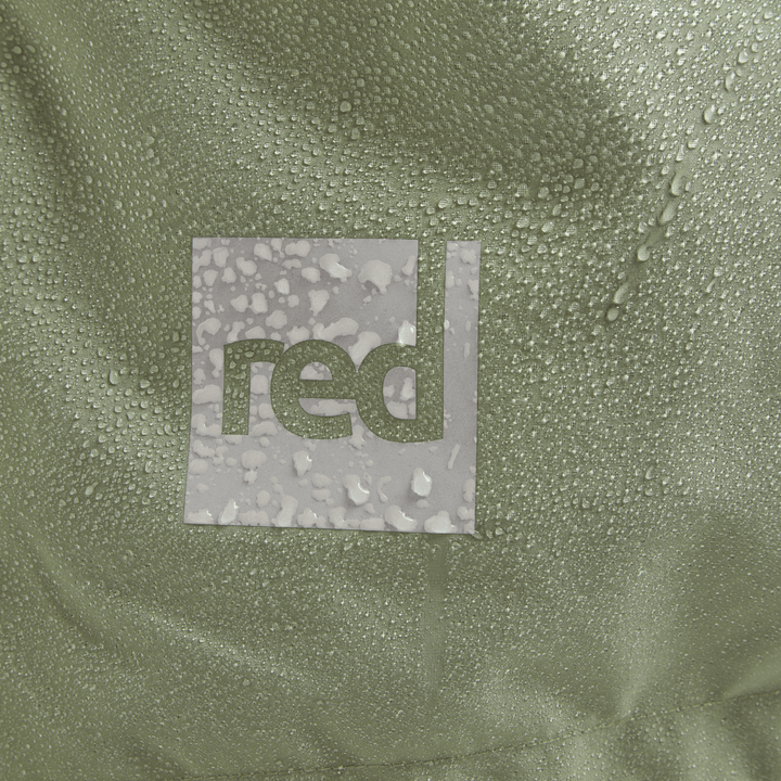 Red Equipment logo detail on Alter Evo men’s long sleeve waterproof changing robe in Sage Green.