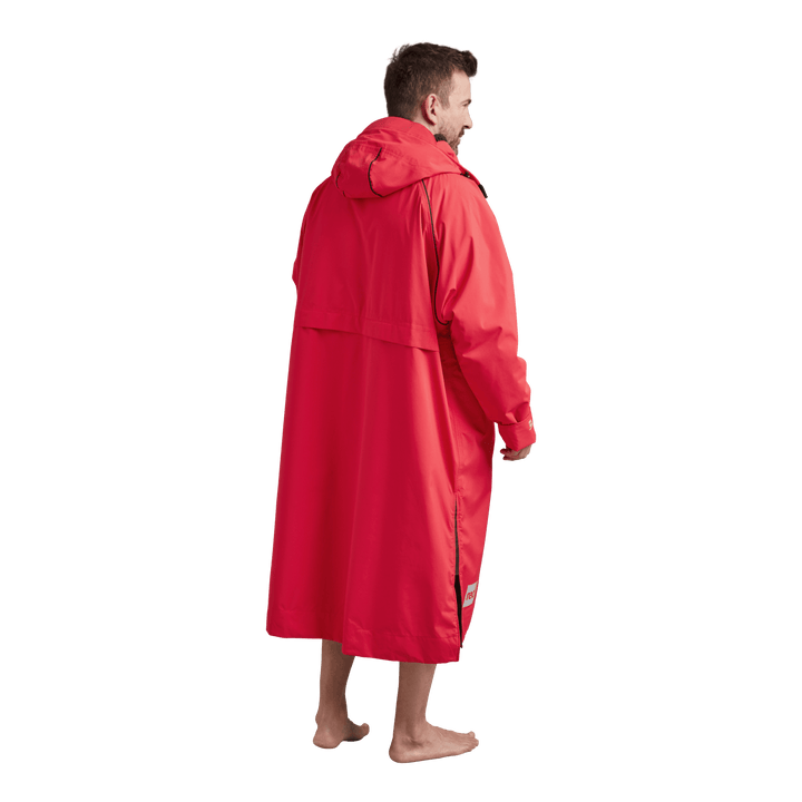 Back view of Red Alter Evo men’s long sleeve waterproof changing robe in Siren Red.