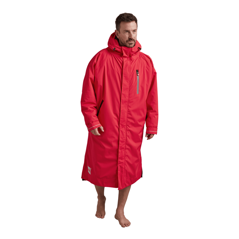Front view of Red Alter Evo men’s long sleeve waterproof changing robe in Siren Red.