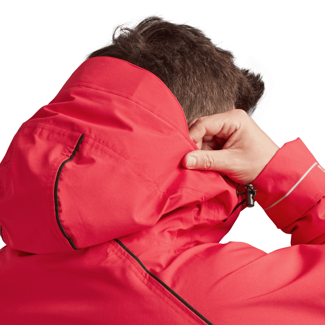 Back view of peaked hood on Red Alter Evo men’s long sleeve waterproof changing robe in Siren Red.