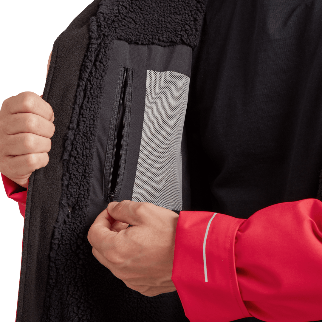 Red Alter Evo men’s long sleeve waterproof changing robe in Siren Red with inside zipped pocket.