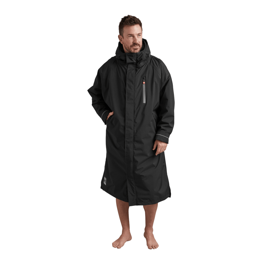 Front view of Red Alter Evo men’s long sleeve waterproof changing robe in Stealth Black.