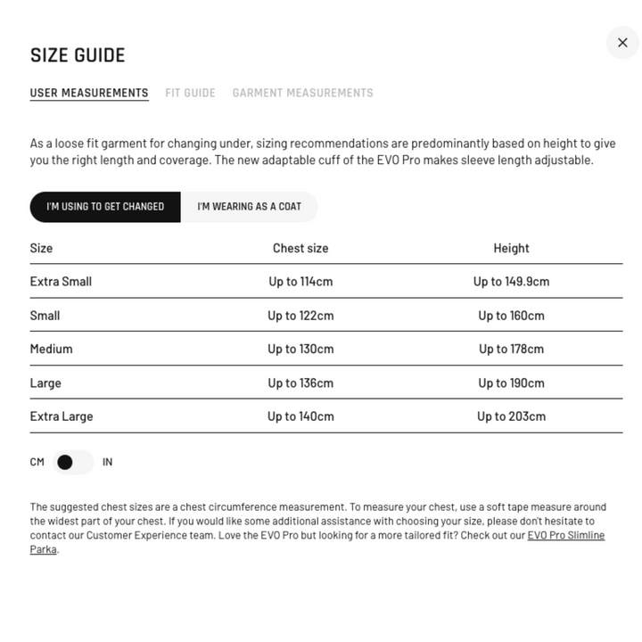 Size guide for the Red Alter Evo changing robe with chest and height measurements for customers who want to use the robe to get changed.