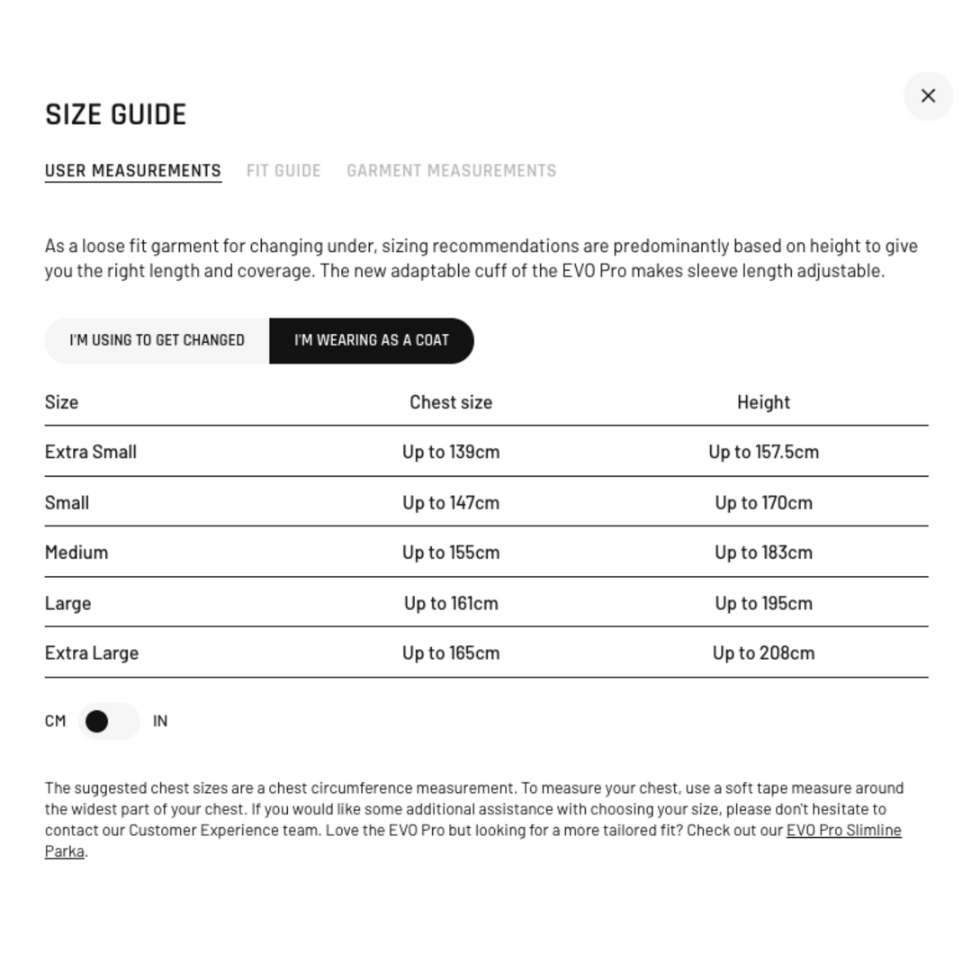 Size guide for the Red Alter Evo changing robe with chest and height measurements for customers who want to use the robe as a coat.