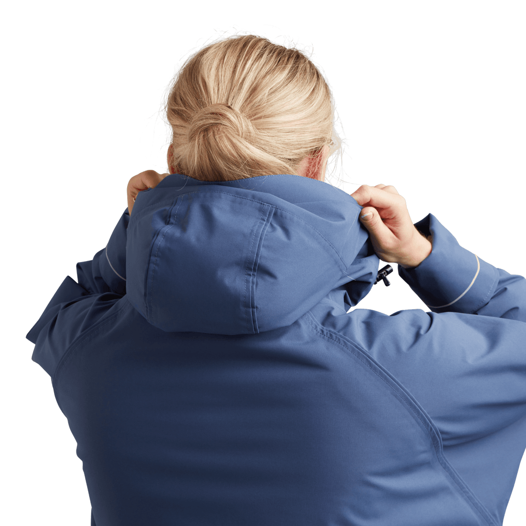 Back view of peaked hood on Red Alter Evo women’s long sleeve waterproof changing robe in Admiral Blue.