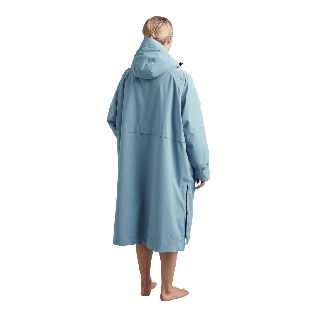 Back view of Red Alter Evo women’s long sleeve waterproof changing robe in Alpine Blue.
