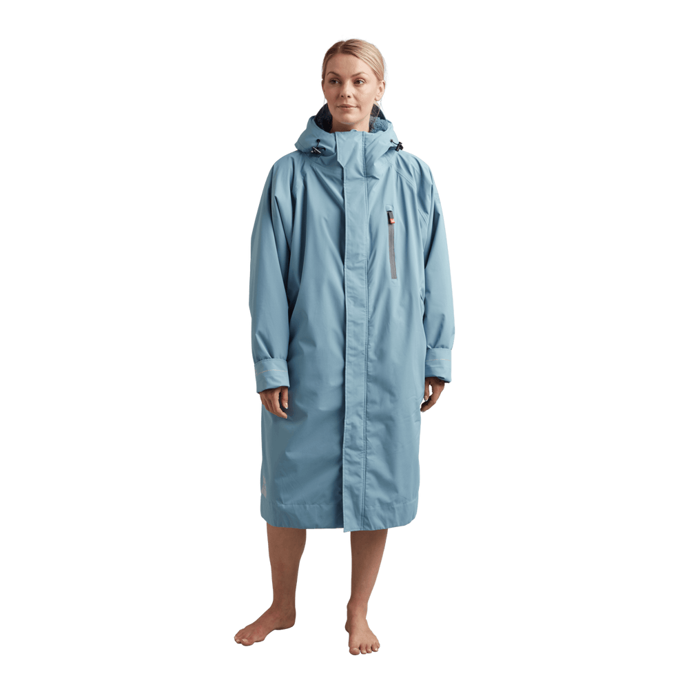 Front view of Red Alter Evo women’s long sleeve waterproof changing robe in Alpine Blue.