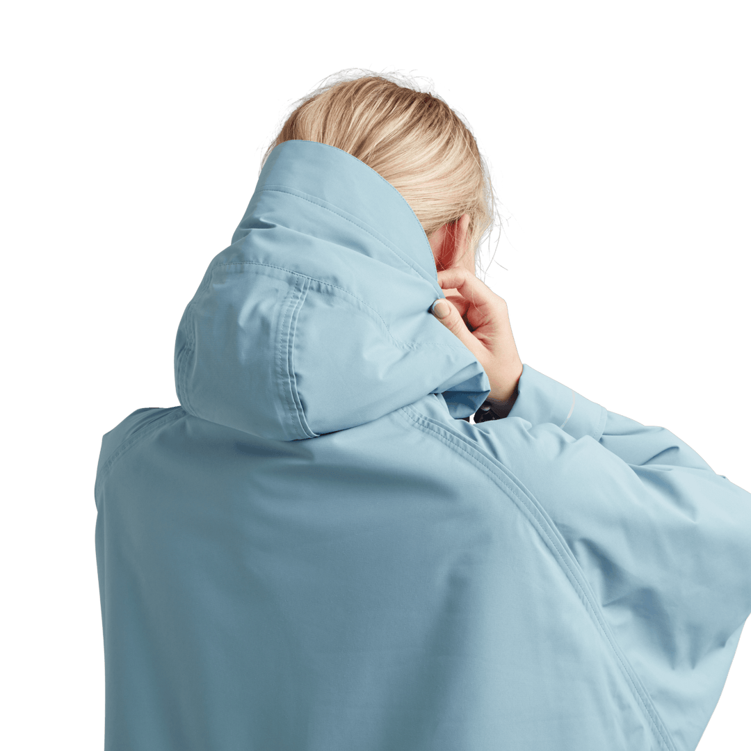 Back view of peaked hood on Red Alter Evo women’s long sleeve waterproof changing robe in Alpine Blue.