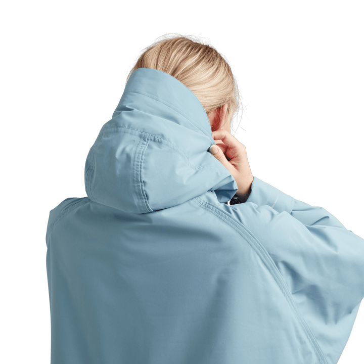 Back view of peaked hood on Red Alter Evo women’s long sleeve waterproof changing robe in Alpine Blue.