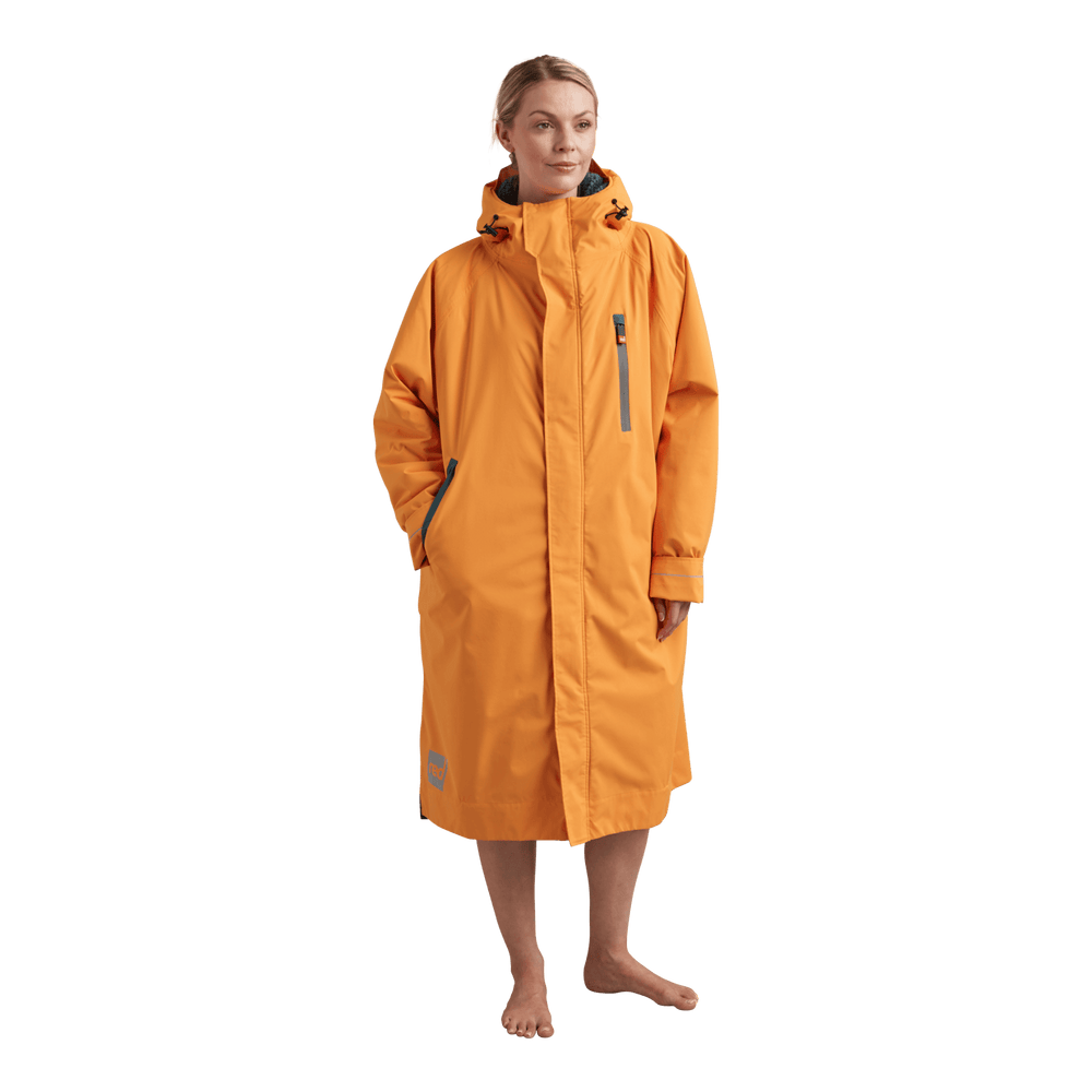 Front view of Red Alter Evo women’s long sleeve waterproof changing robe in Bitter Orange.