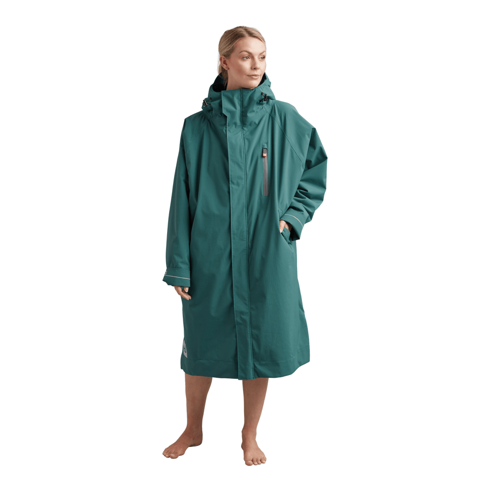 Front view of Red Alter Evo women’s long sleeve waterproof changing robe in Deep Teal.