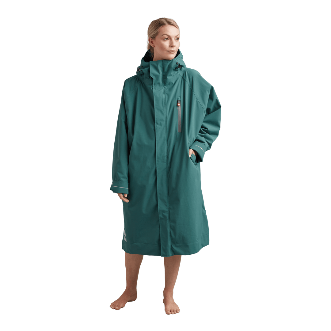 Front view of Red Alter Evo women’s long sleeve waterproof changing robe in Deep Teal.