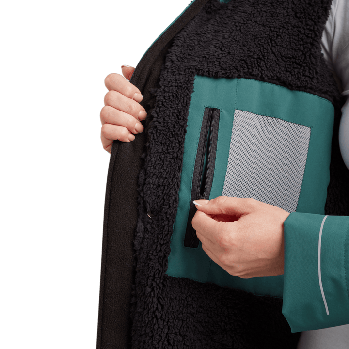 Red Alter Evo women’s long sleeve waterproof changing robe in Deep Teal with inside zipped pocket.