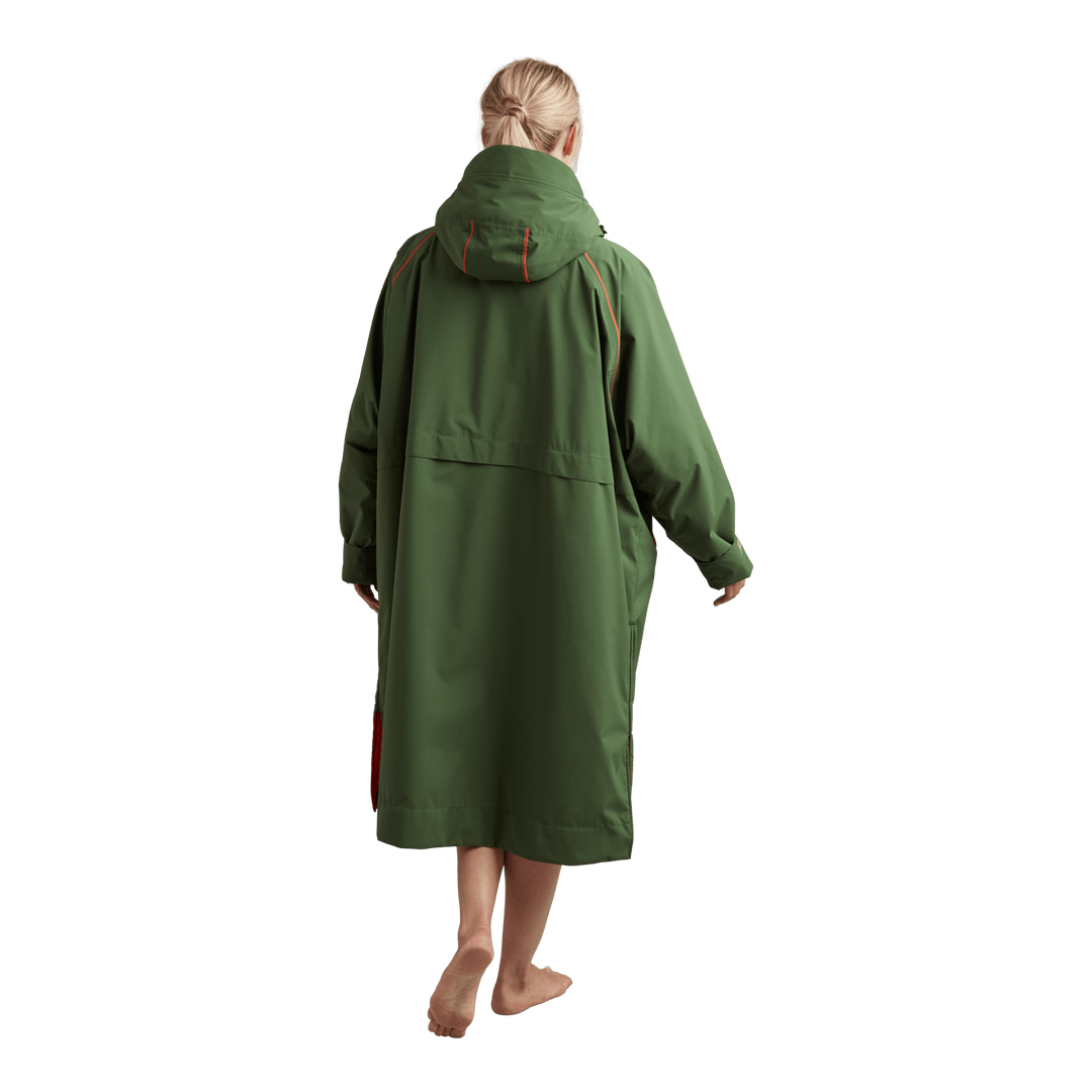 Back view of Red Alter Evo women’s long sleeve waterproof changing robe in Forest Green.