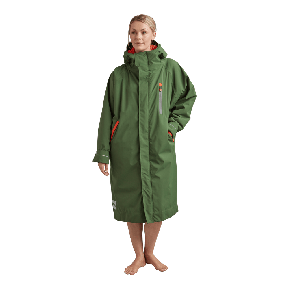Front view of Red Alter Evo women’s long sleeve waterproof changing robe in Forest Green.