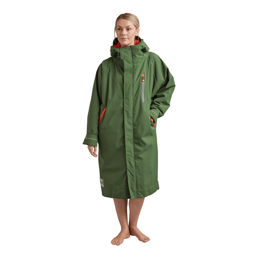 Front view of Red Alter Evo women’s long sleeve waterproof changing robe in Forest Green.
